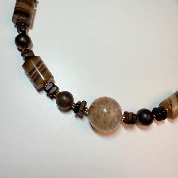 Natural Agate & Wood Beaded Necklace | Earth Tone Statement | Handmade - Picture 7 of 9